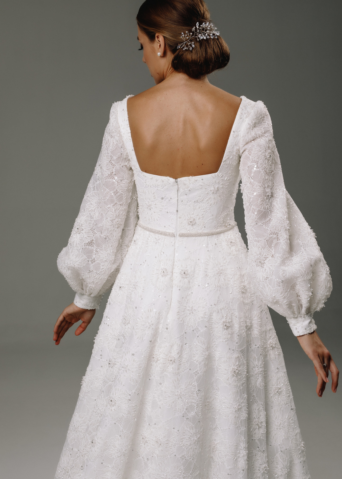 Bianca gown, 2020, couture, dress, bridal, off-white, lace, A-line, embroidery, sleeves, train