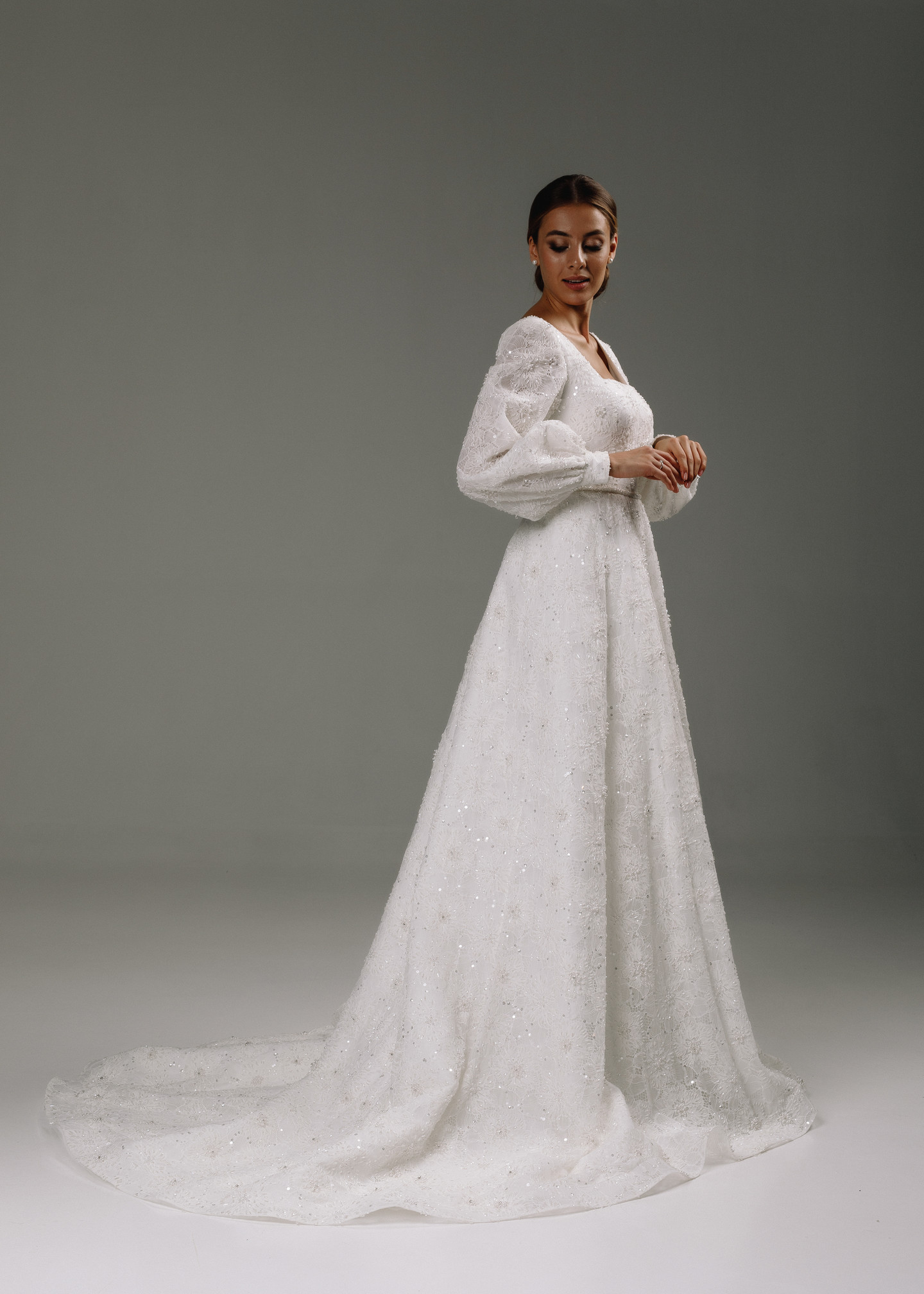 Bianca gown, 2020, couture, dress, bridal, off-white, lace, A-line, embroidery, sleeves, train