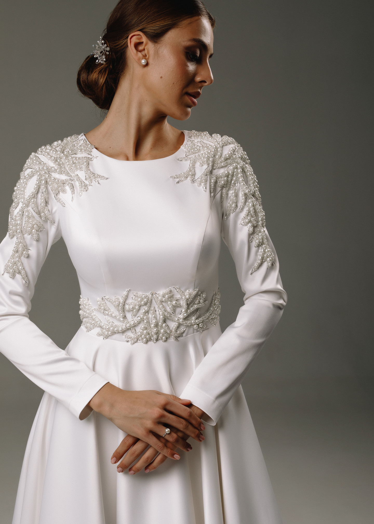 Sara gown, 2020, couture, dress, bridal, off-white, embroidery, sleeves, A-line, archive