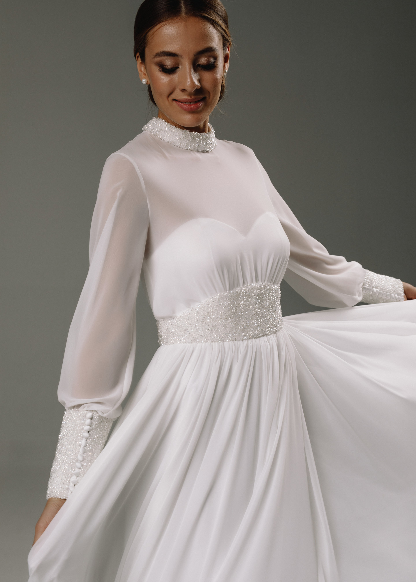 Teona gown, 2020, couture, dress, bridal, off-white, chiffon, embroidery, sleeves, A-line, popular