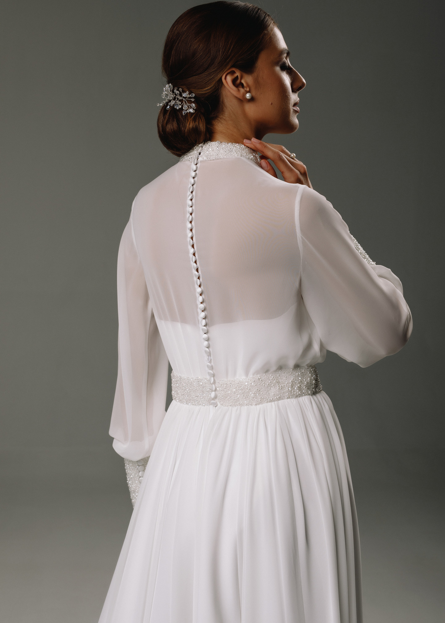 Teona gown, 2020, couture, dress, bridal, off-white, chiffon, embroidery, sleeves, A-line, popular