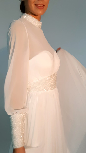 Платье Теона, 2020, одежда, платье, свадебное, молочно-белый, шифон, вышивка, рукава, А-силуэт, популярное