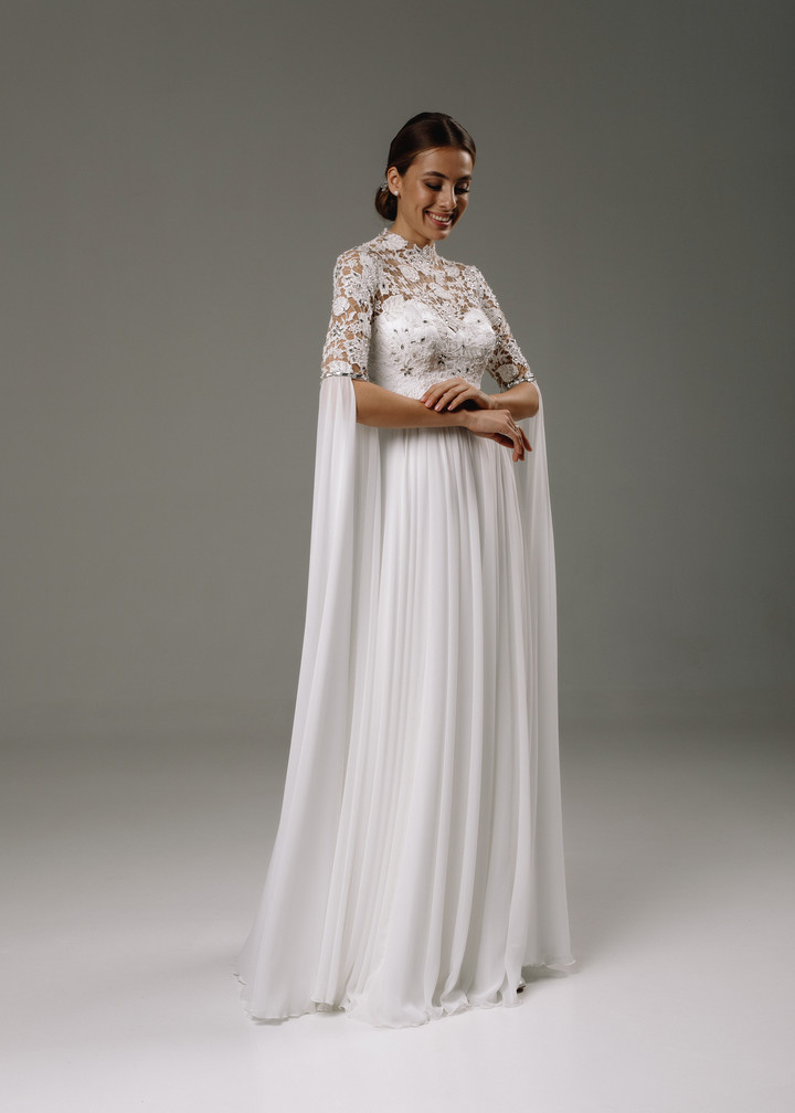 Платье Августина, 2020, одежда, платье, свадебное, молочно-белый, кружево, вышивка, рукава, А-силуэт, архив
