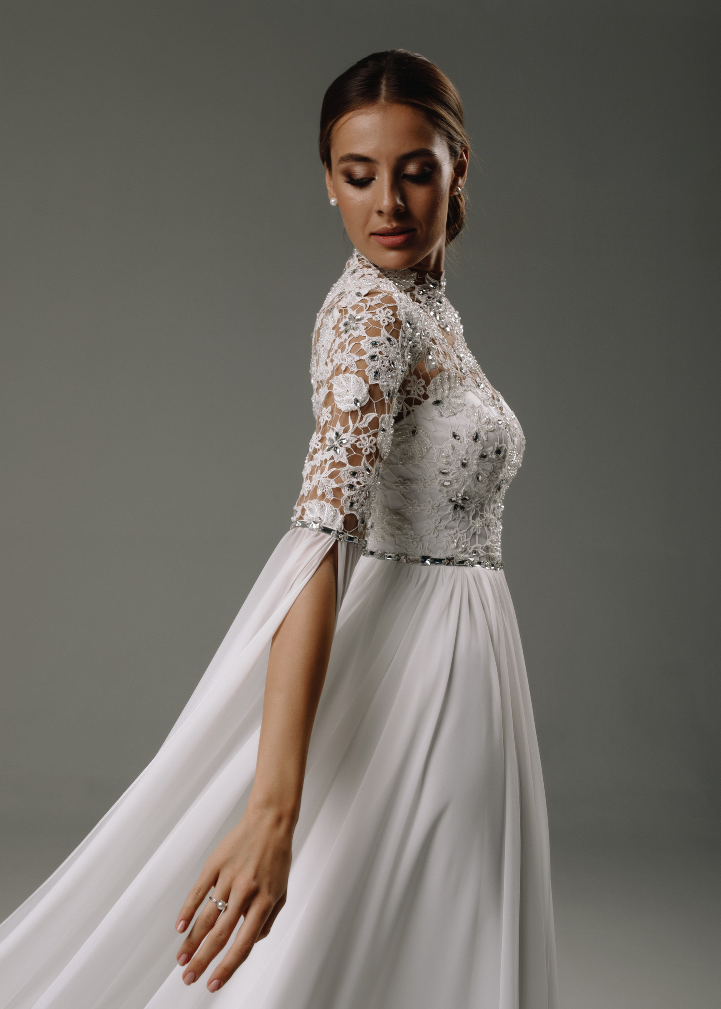 Augustine gown, 2020, couture, dress, bridal, off-white, lace, embroidery, sleeves, A-line, archive