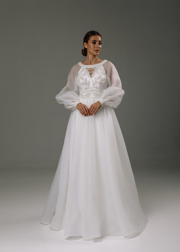 Dolores gown, 2020, couture, dress, bridal, off-white, embroidery, sleeves, A-line, archive
