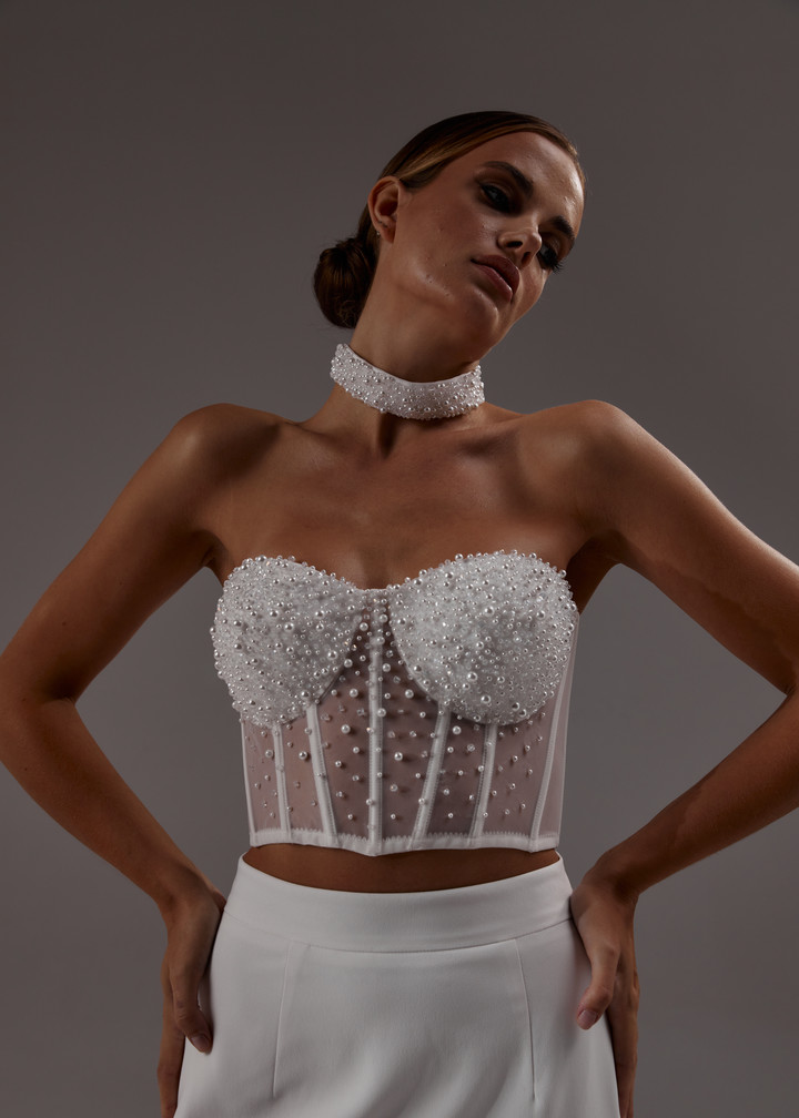 Beaded bustier, 2021, couture, top, bridal, off-white, beaded bridal suit, embroidery, corset, beaded bridal suit #2, offwhite kit with pearls and crystals, popular