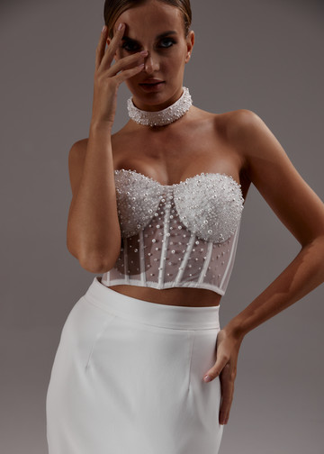Beaded bustier, 2021, couture, top, bridal, off-white, beaded bridal suit, embroidery, corset, beaded bridal suit #2, offwhite kit with pearls and crystals, popular