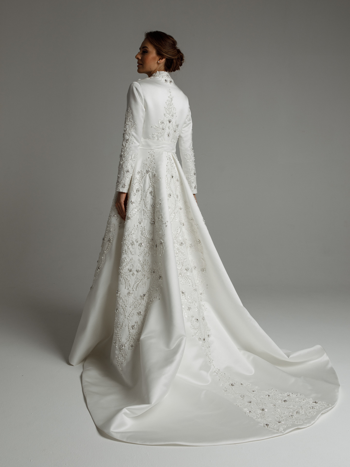 Gertrude gown, 2021, couture, dress, bridal, off-white, satin, embroidery, A-line, train, sleeves, lace