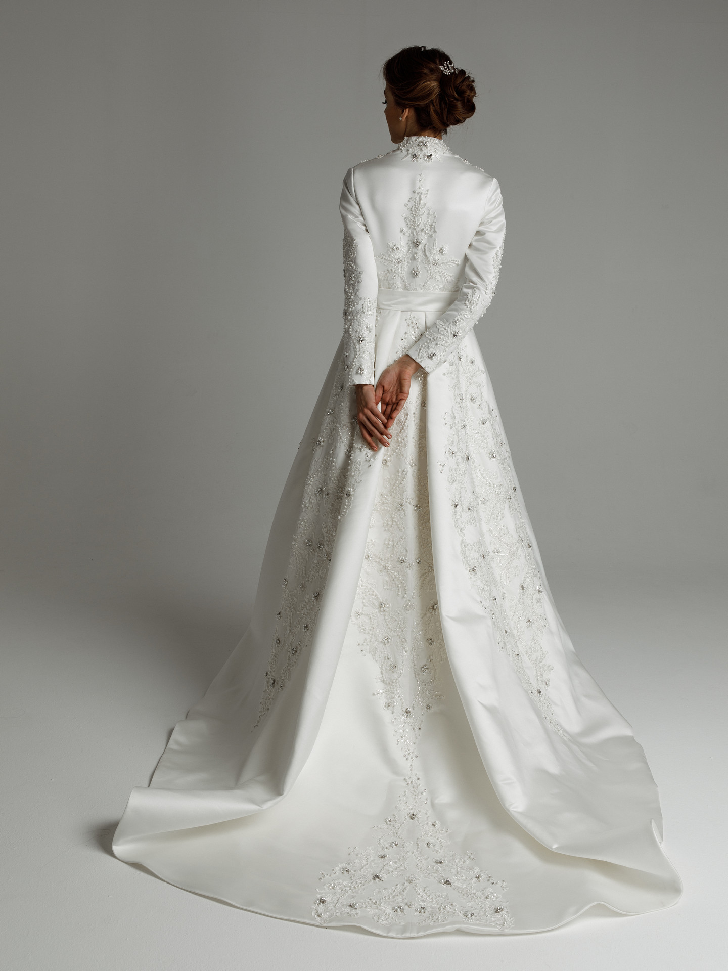 Gertrude gown, 2021, couture, dress, bridal, off-white, satin, embroidery, A-line, train, sleeves, lace