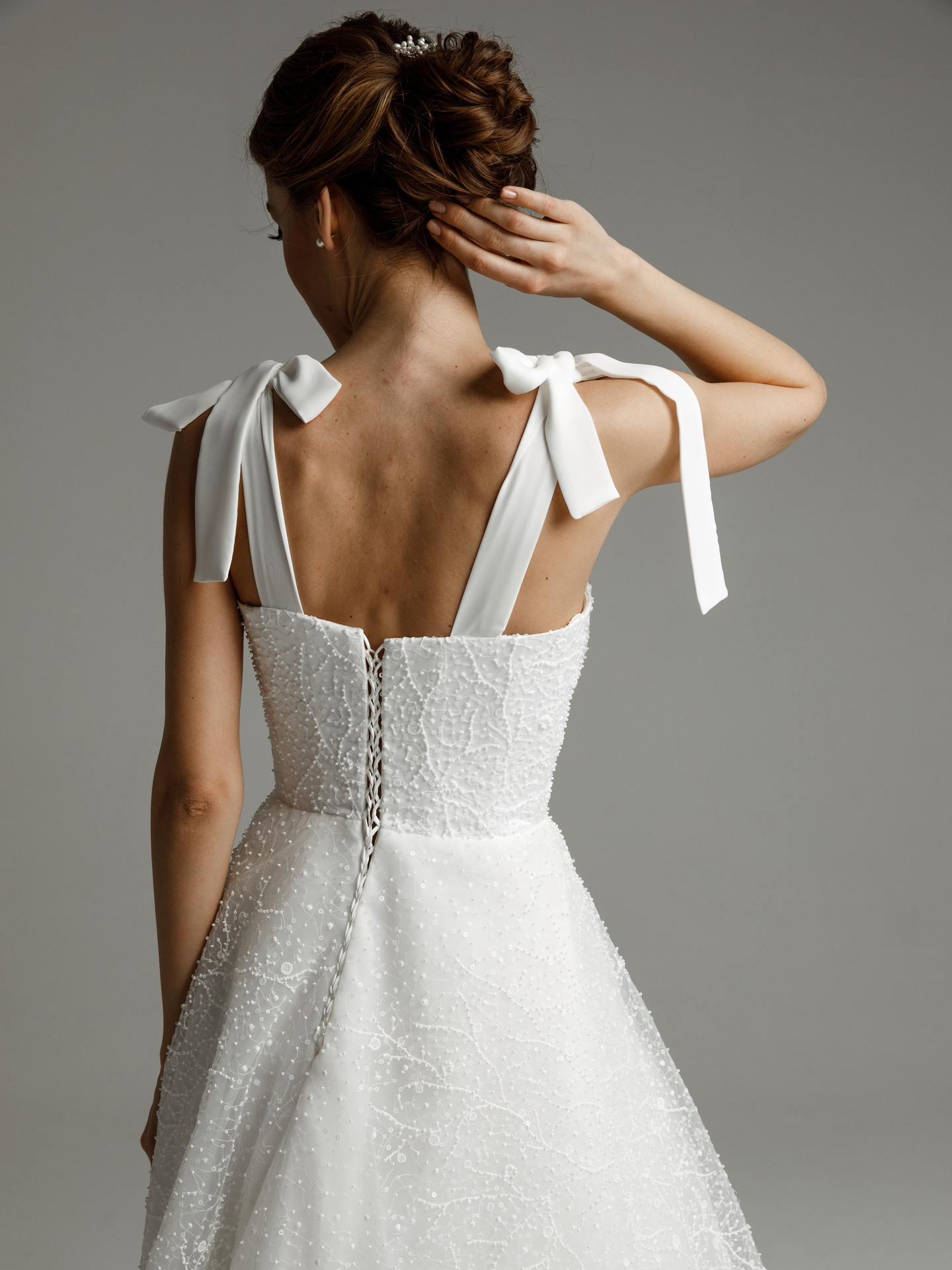 Платье Сабина, 2021, одежда, платье, свадебное, молочно-белый, кружево, шнуровка, А-силуэт