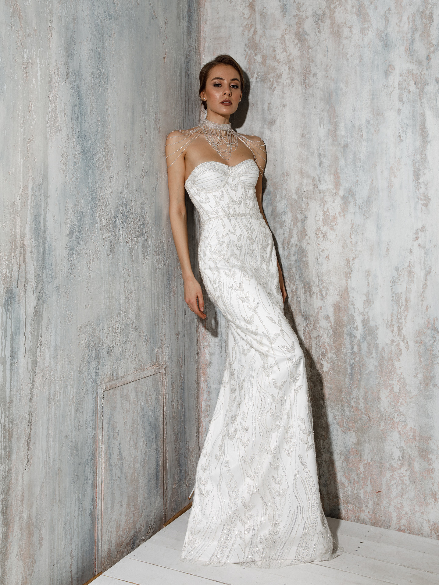 Andrea gown, 2021, couture, dress, bridal, off-white, lace, Andrea, sheath silhouette, lacing corset, popular