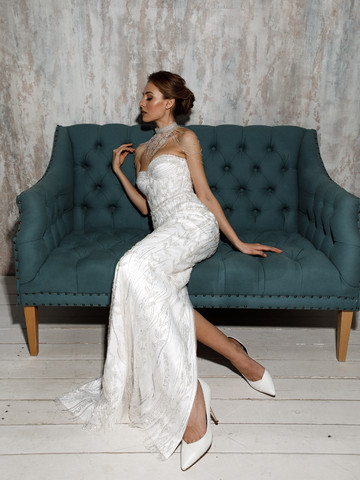 Andrea gown, 2021, couture, dress, bridal, off-white, lace, Andrea, sheath silhouette, lacing corset, popular