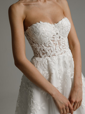 Nicole gown, 2021, couture, dress, bridal, off-white, lace, A-line, train, lacing corset