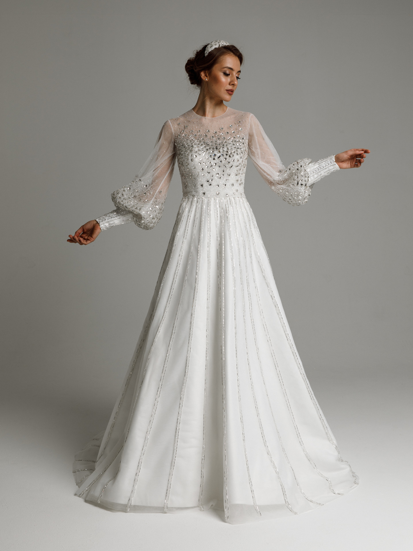 Eliza gown, 2021, couture, dress, bridal, off-white, Eliza, A-line, embroidery, train, sleeves
