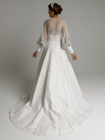 Платье Элиза, 2021, одежда, платье, свадебное, молочно-белый, Элиза, А-силуэт, вышивка, шлейф, рукава