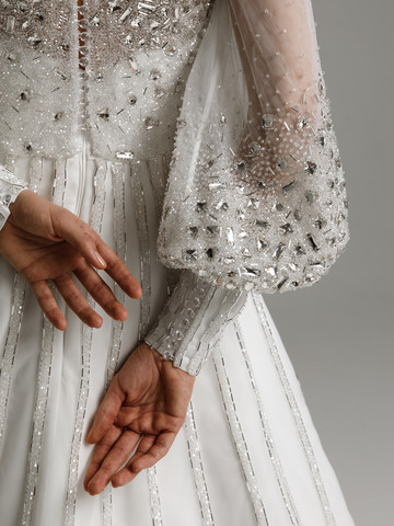 Eliza gown, 2021, couture, dress, bridal, off-white, Eliza, A-line, embroidery, train, sleeves