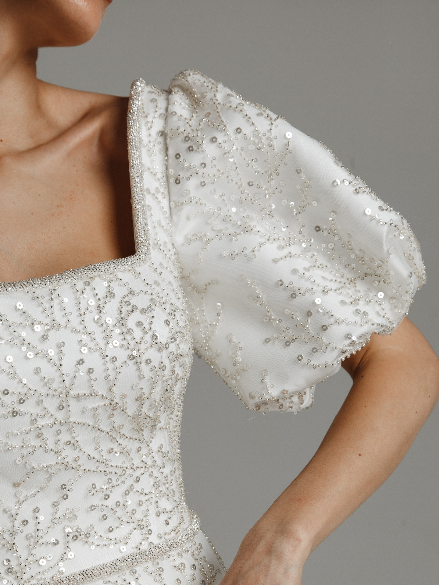 Martha gown, 2021, couture, dress, bridal, off-white, lace, A-line, train, sleeves