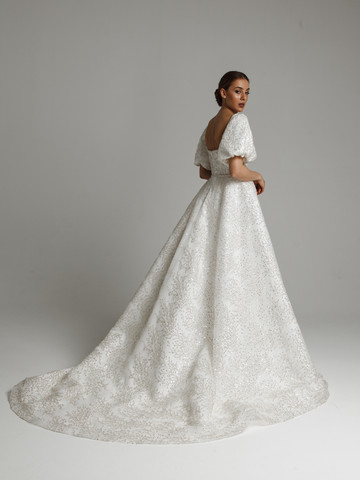 Martha gown, 2021, couture, dress, bridal, off-white, lace, A-line, train, sleeves, archive