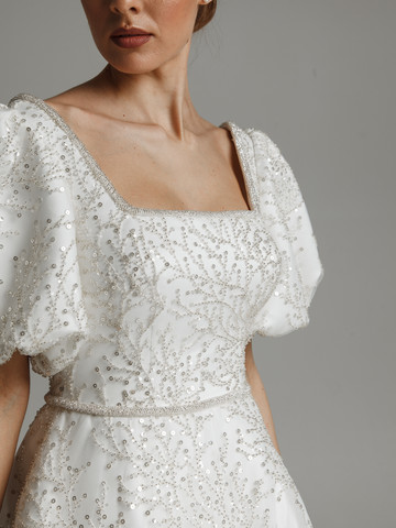 Платье Марта, 2021, одежда, платье, свадебное, молочно-белый, кружево, А-силуэт, шлейф, рукава
