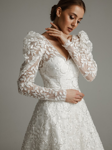 Платье Монклер, 2021, одежда, платье, свадебное, молочно-белый, кружево, А-силуэт, вышивка, шлейф, рукава