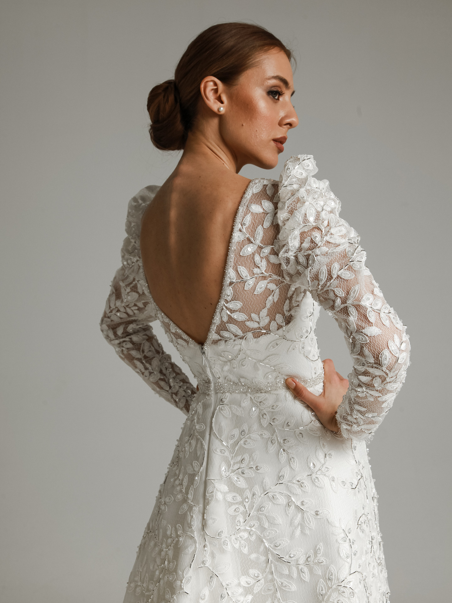 Monclair gown, 2021, couture, dress, bridal, off-white, lace, A-line, embroidery, train, sleeves