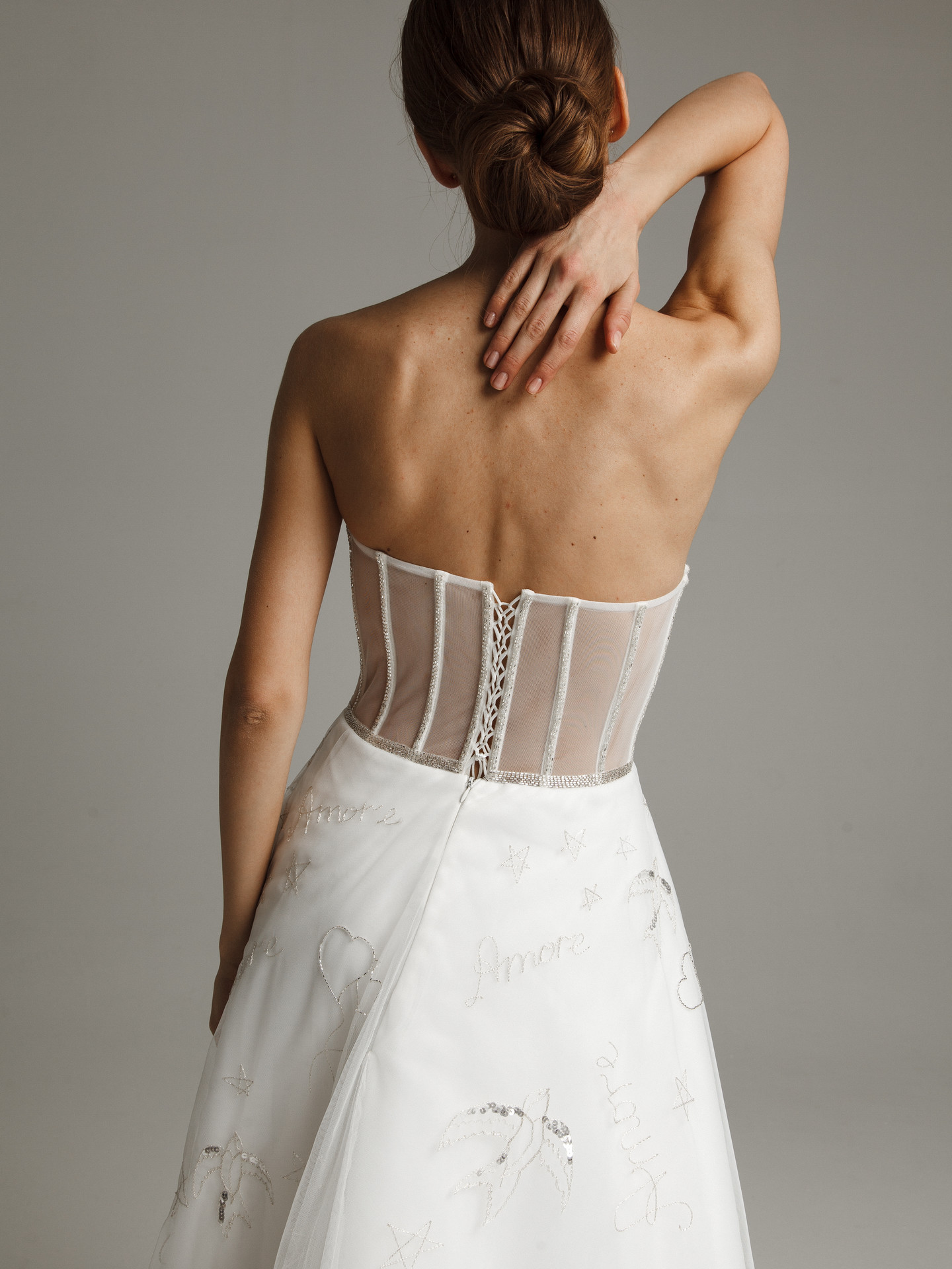 Amoret gown, 2021, couture, dress, bridal, off-white, A-line, embroidery, lacing corset