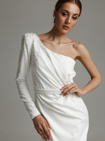Платье Полетт, 2021, одежда, платье, свадебное, молочно-белый, Полетт, прямой силуэт, вышивка, рукава