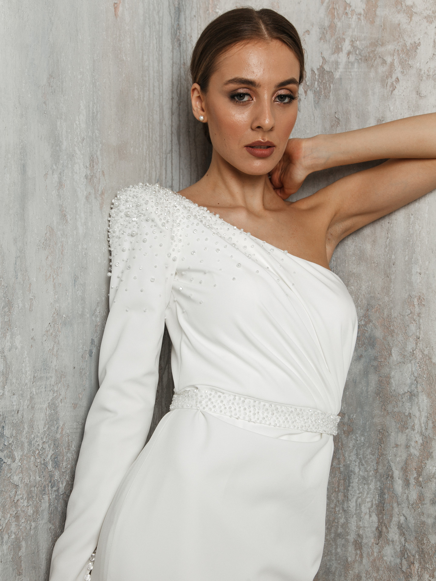 Paulette gown, 2021, couture, dress, bridal, off-white, Paulette, sheath silhouette, embroidery, sleeves