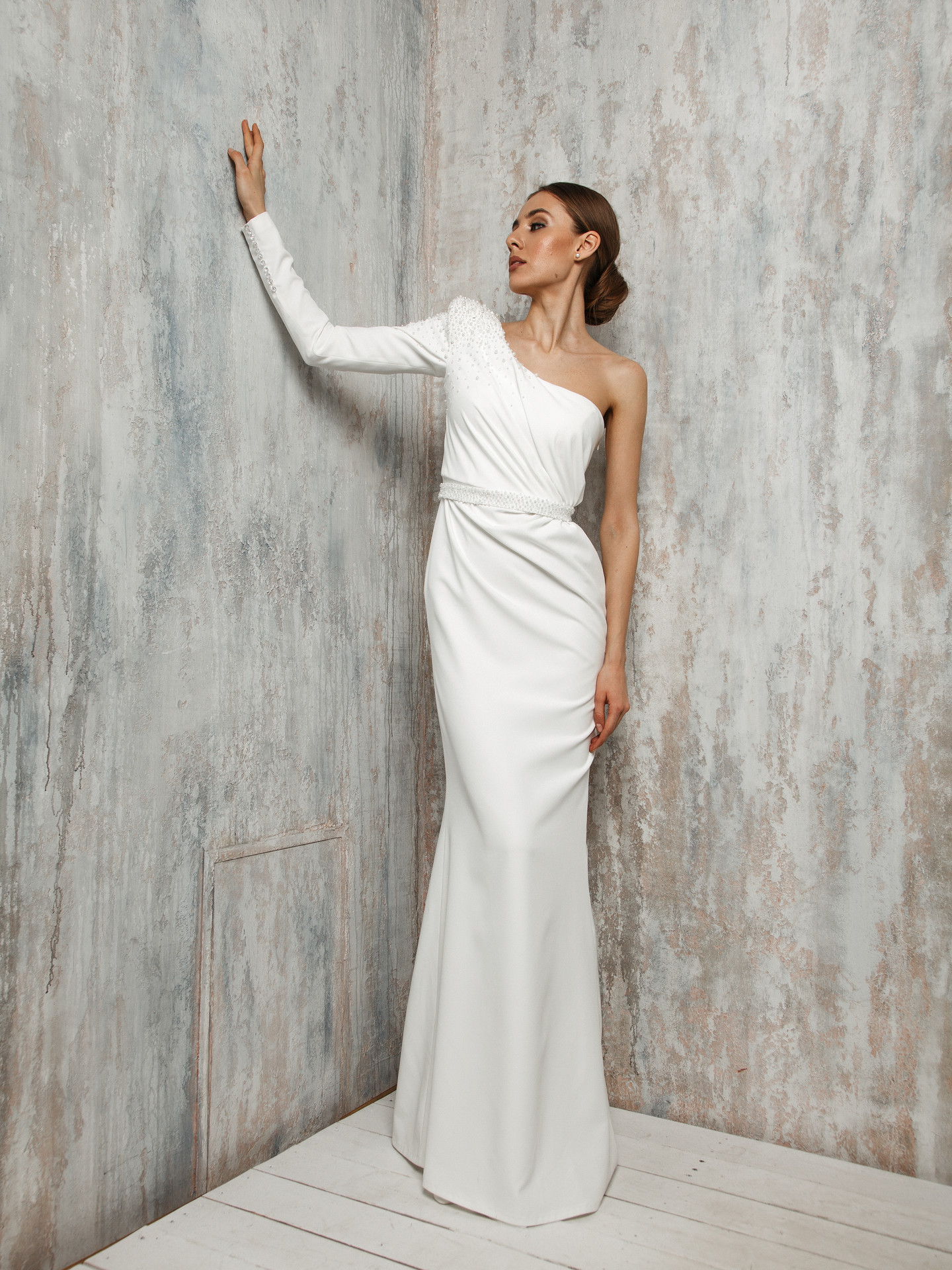 Paulette gown, 2021, couture, dress, bridal, off-white, Paulette, sheath silhouette, embroidery, sleeves