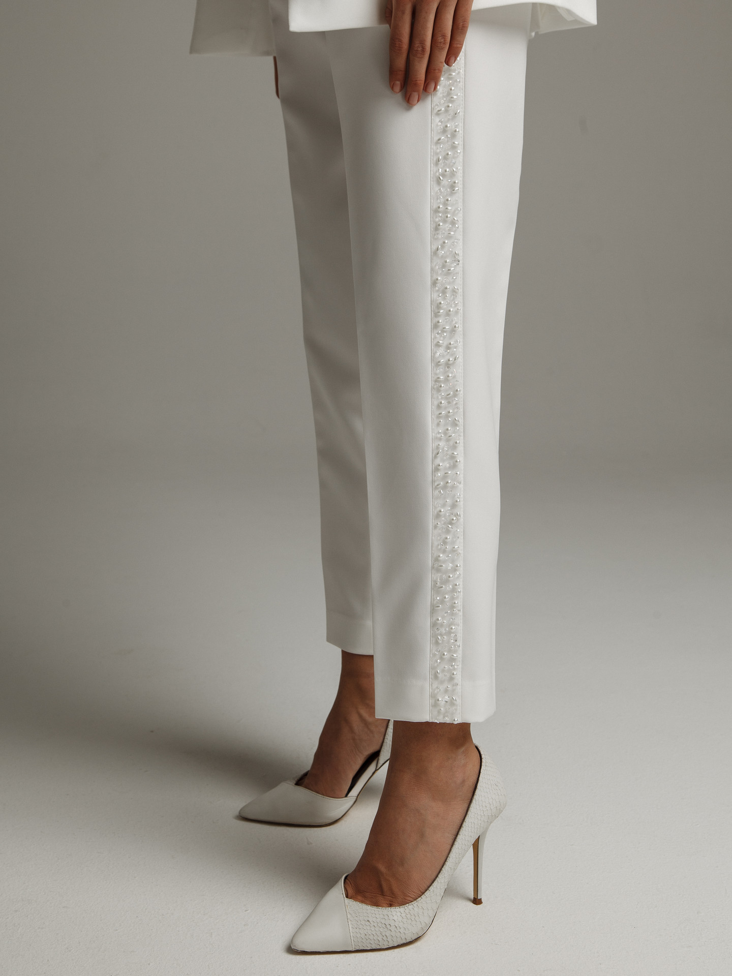 Beaded trousers, 2021, couture, trousers, bridal, off-white, beaded bridal suit, embroidery, popular