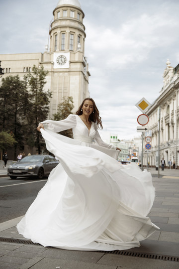 Платье Ариэль, 2021, одежда, платье, свадебное, молочно-белый, шифон, А-силуэт, вышивка, рукава, шлейф