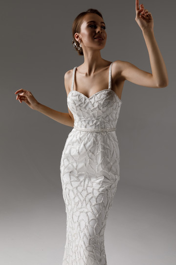 Felicity gown, 2021, couture, dress, bridal, off-white, embroidery, sheath silhouette