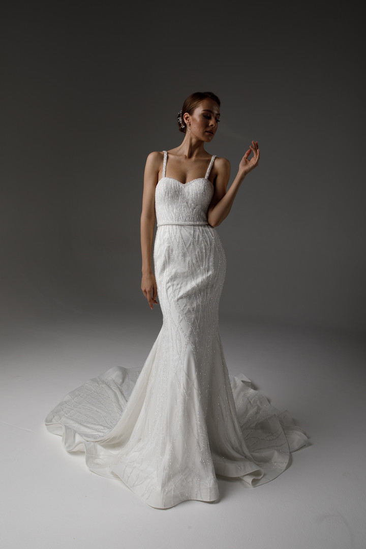 Letitia gown, 2021, couture, dress, bridal, off-white, embroidery, sheath silhouette, train