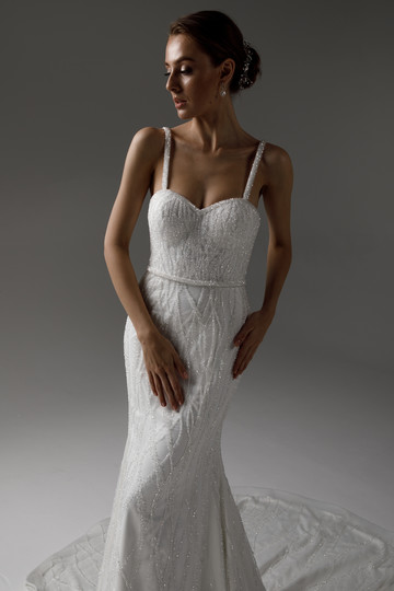 Letitia gown, 2021, couture, dress, bridal, off-white, embroidery, sheath silhouette, train