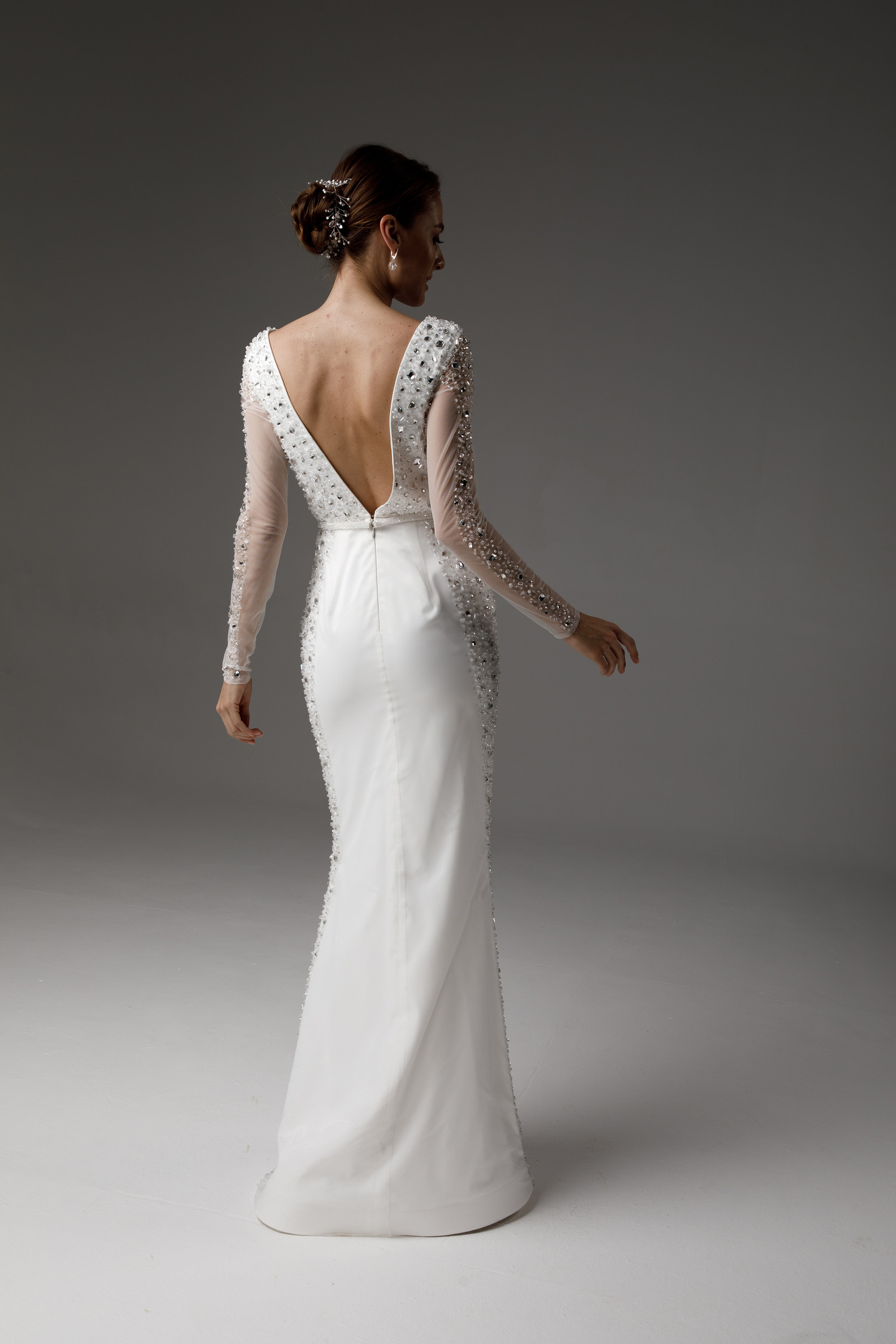 Raquel gown, 2021, couture, dress, bridal, off-white, embroidery, sheath silhouette, sleeves