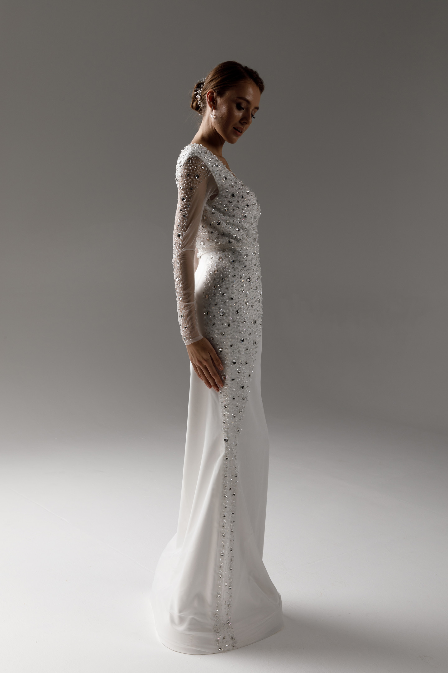 Raquel gown, 2021, couture, dress, bridal, off-white, embroidery, sheath silhouette, sleeves
