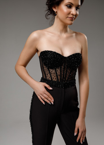 Beaded bustier, 2021, couture, top, evening, black, beaded black suit, corset, embroidery, popular