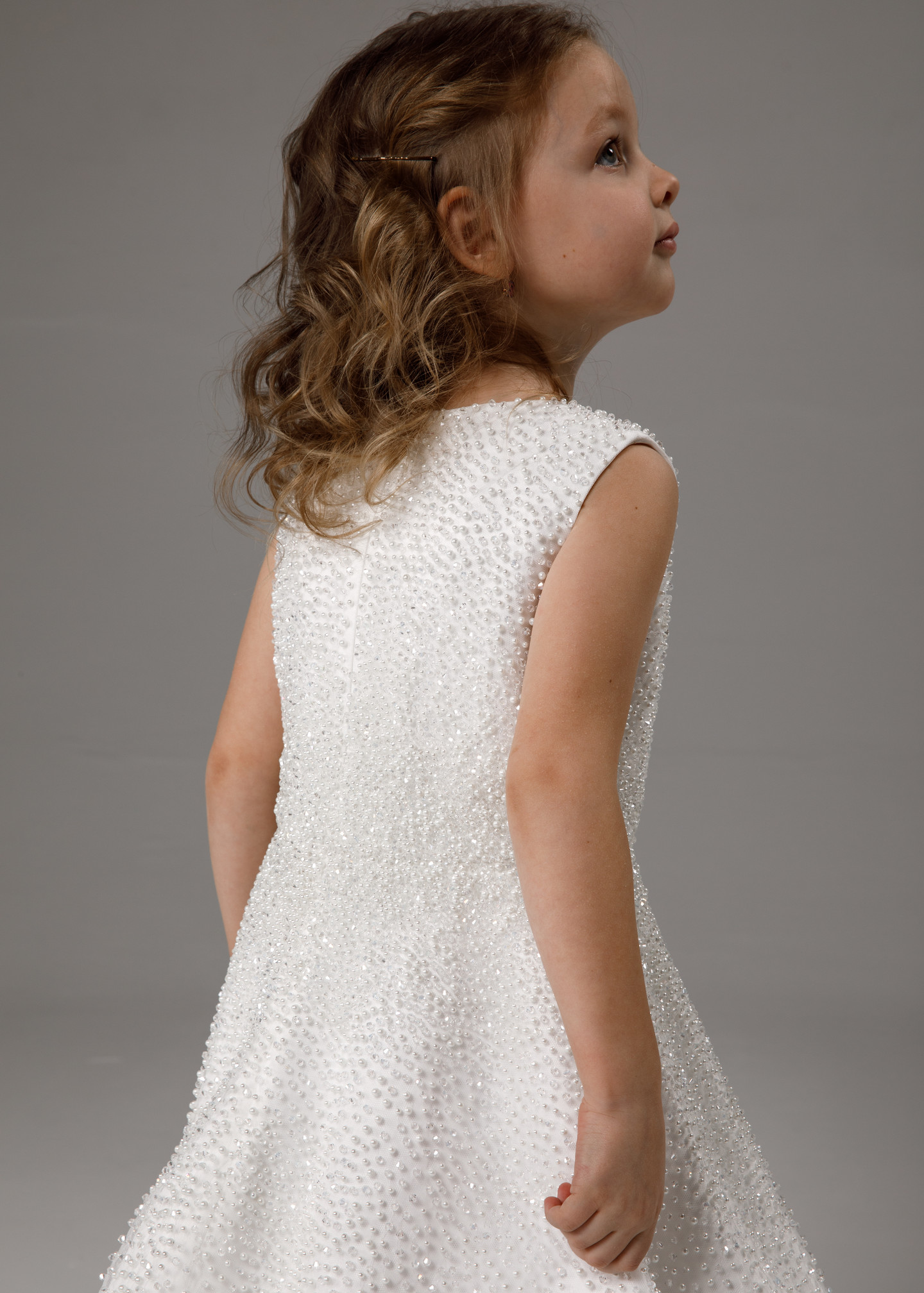Flower girl dress fully beaded, 2021, couture, child dress, child, off-white, satin, embroidery, flower girl