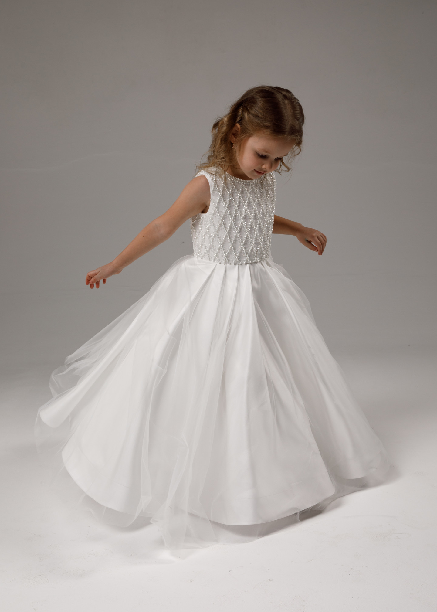Beaded flower girl dress, 2021, couture, child dress, child, off-white, satin, embroidery, flower girl