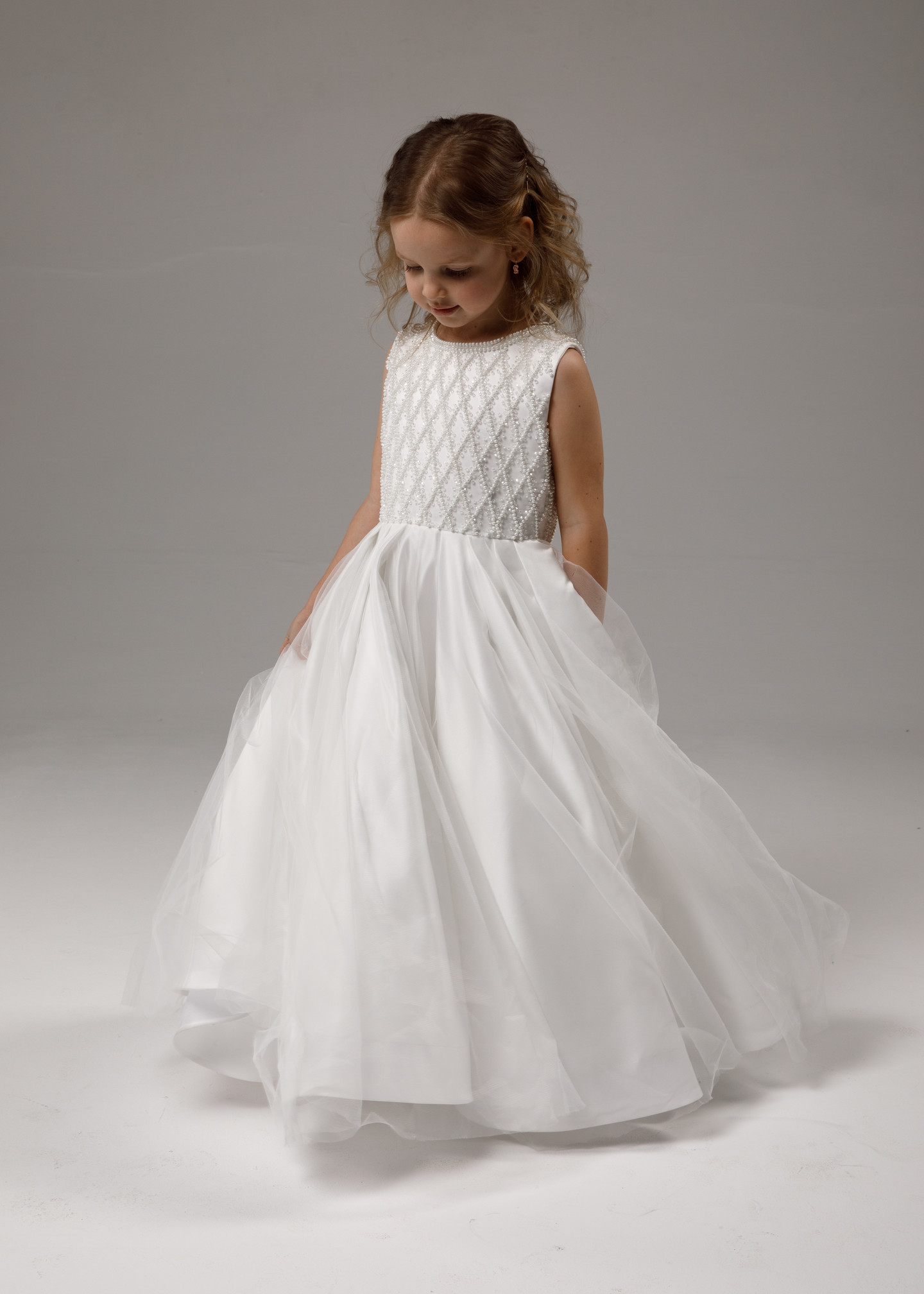 Beaded flower girl dress, 2021, couture, child dress, child, off-white, satin, embroidery, flower girl