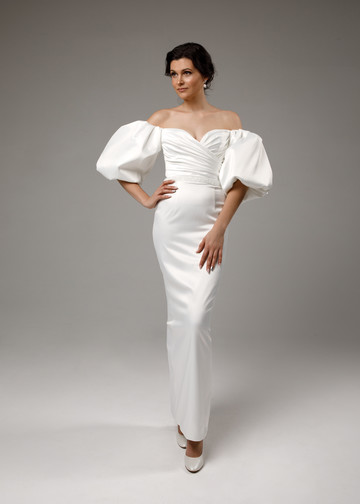 Платье с объемными рукавами, 2021, одежда, платье, свадебное, молочно-белый, вышивка, прямой силуэт, рукава