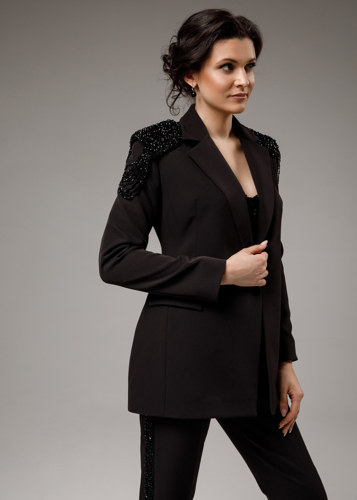 Jacket with epaulettes, 2021, couture, jacket, evening, black, beaded black suit, embroidery, sleeves, popular