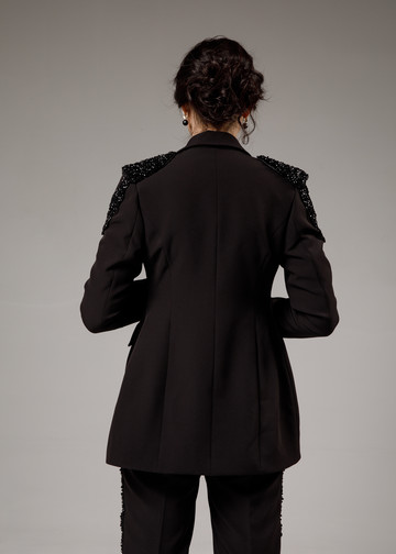 Жакет с эполетами, 2021, одежда, жакет, вечернее, черный, черный расшитый костюм, вышивка, рукава, популярное