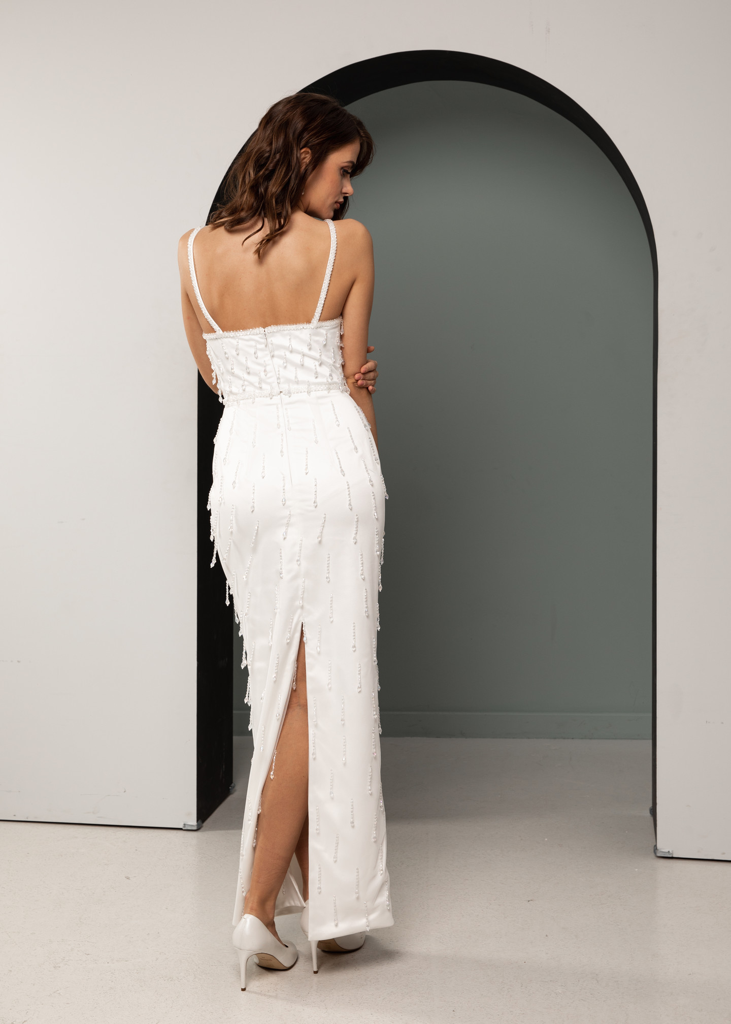 Francesca dress, 2021, couture, dress, bridal, off-white, embroidery, sheath silhouette