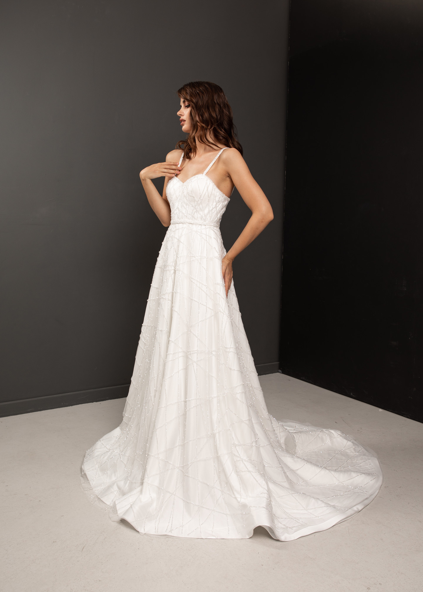 Gabi dress, 2021, couture, dress, bridal, off-white, embroidery, A-line, train