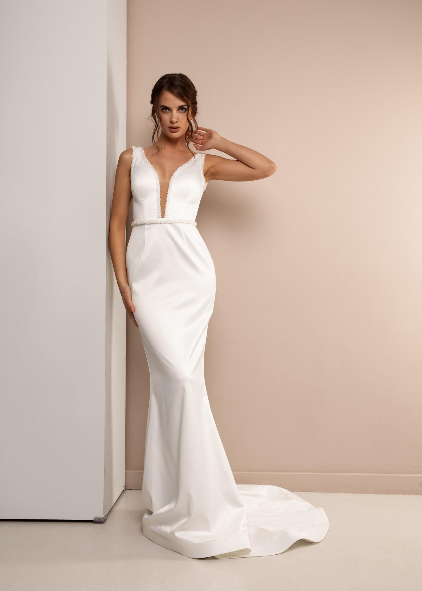 Mikella dress, 2021, couture, dress, bridal, off-white, Mikella, embroidery, sheath silhouette, train