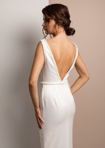 Mikella dress, 2021, couture, dress, bridal, off-white, Mikella, embroidery, sheath silhouette, train