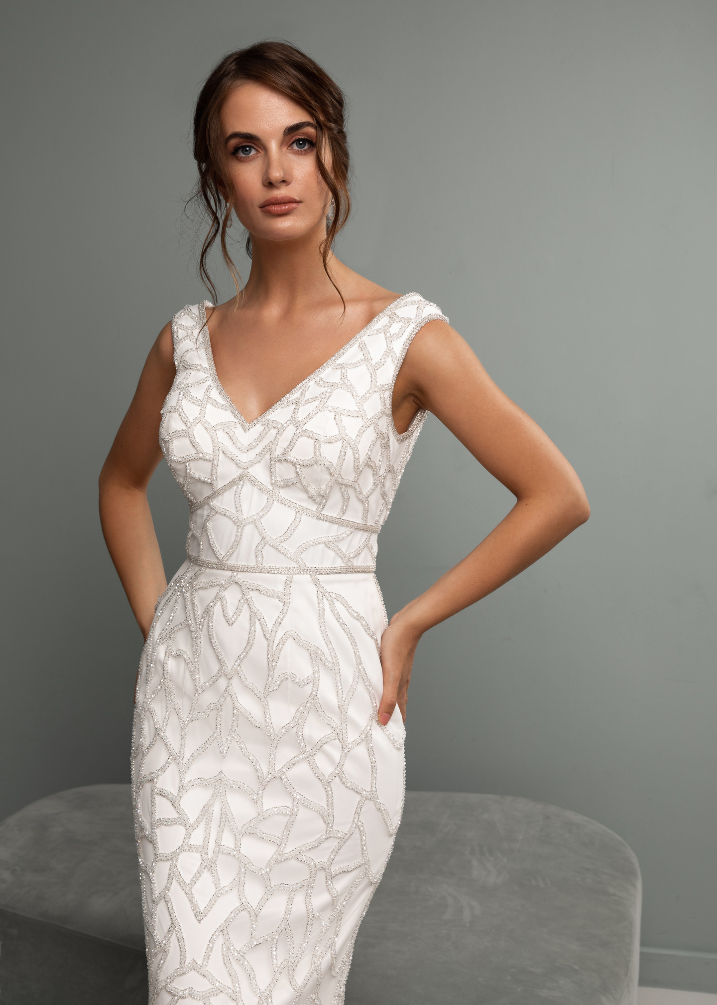 Tristy dress, 2021, couture, dress, bridal, off-white, embroidery, sheath silhouette, train
