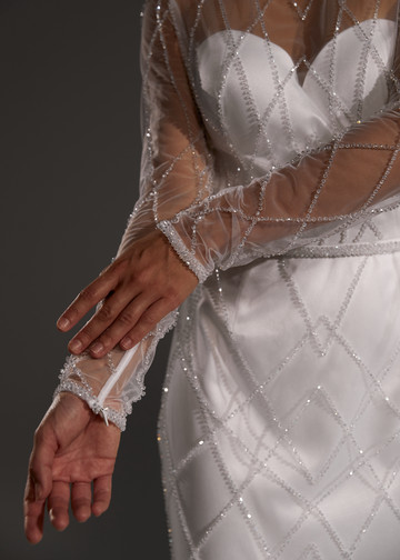 Ursula dress, 2021, couture, dress, bridal, off-white, Ursula, embroidery, sheath silhouette, sleeves