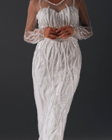 Alba dress, 2021, couture, dress, bridal, off-white, Alba, embroidery, sheath silhouette, sleeves